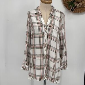 J.Jill Plaid Rayon Tunic Blouse Oversized Long‎ Collared Shirt M